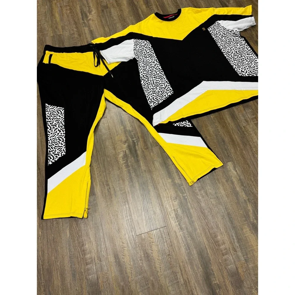 Makobi‎ Mens 6XB Yellow Black Geometric Colorblock T-Shirt and Joggers Set MS555